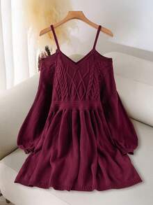 SHEIN CURVE+ Váy len dệt kim hở vai tay đèn lồng màu đỏ rượu vang cỡ lớn dành cho nữ, dáng rộng, thiết kế thường ngày, mùa thu/đông, lễ tạ ơn và giáng sinh - Màu Đỏ Sâu - Xem 7