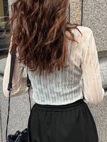 FRIFUL Women's Solid Color Stand Collar Mesh Fitted Blouse Long Sleeve Women - White - View 2