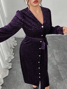 Modelyn Vestido de fiesta elegante de terciopelo con cuello en V y mangas farol para mujer de talla grande - Morado - Ver 6