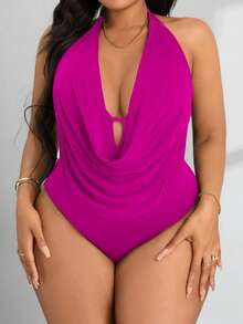 SHEIN PETITE CURVE Body cu imprimeu halter, drapat în față, fără spate, pentru femei, mărime mare - Violet - Vizualizare 6