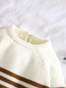 SHEIN 1pc Newborn Striped Crew Neck Long Sleeve Romper, Casual & Minimalist Design - Coffee Brown - View 4