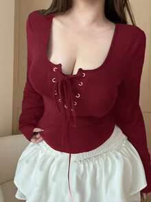 Dazy Plus 大码女式弹力修身圆领露脐系带长袖T恤可爱上衣