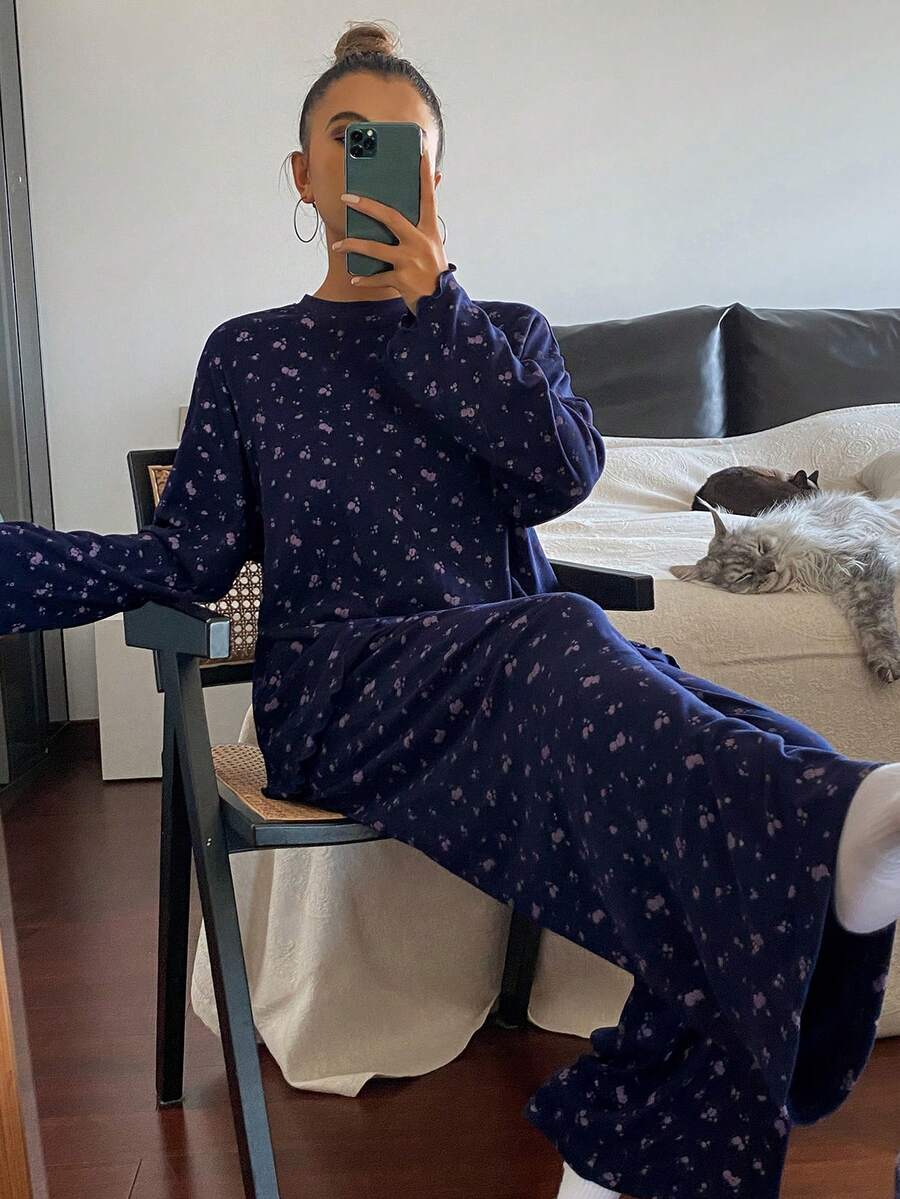 DAZY 碎花宽松舒适女士睡衣套装，秋冬服装 - 藏蓝色 - 查看 1