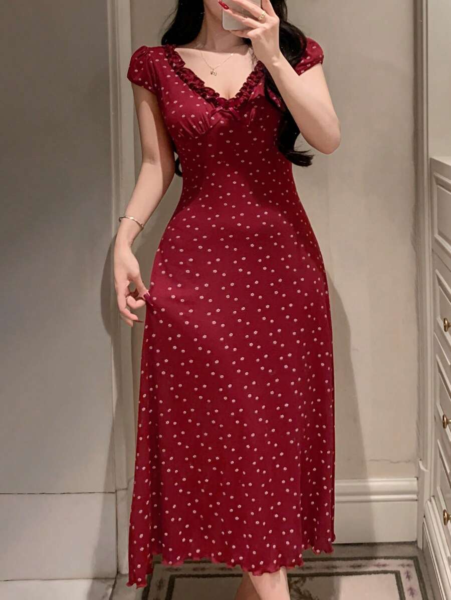 DAZY 碎花荷叶边收腰长款女士睡裙 - 酒紅色 - 查看 1