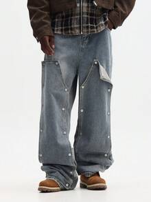 SUMWON Mega pantalones vaqueros de carpintero holgados con detalles de botones a presión y bolsillos utilitarios para uso casual en la calle - Azul - Ver 5