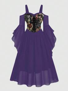 Sweetra 印花拼接抹胸系带喇叭袖大码连衣裙 - 淡紫色 - 查看 1