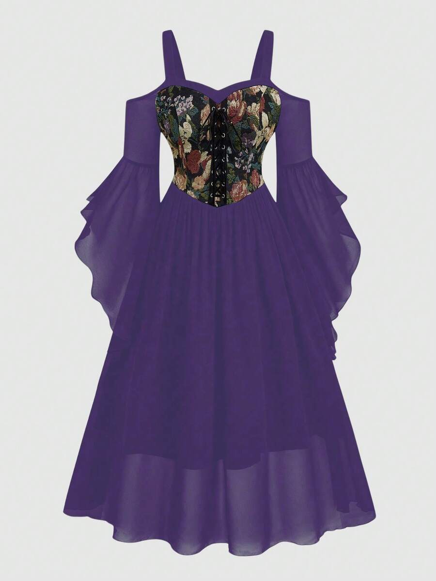 Sweetra 印花拼接抹胸系带喇叭袖大码连衣裙 - 淡紫色 - 查看 1