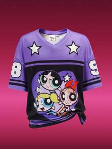 THE POWERPUFF GIRLS X SHEIN Camiseta deportiva casual holgada con cuello en V y mangas dolman con estampado de Flor, Burbujas y Buttercup de dibujos animados para niña preadolescente