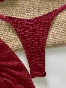 Swim Chiccia 3件套纹理无肩带海星比基尼性感泳衣套装 - 酒紅色 - 查看 3