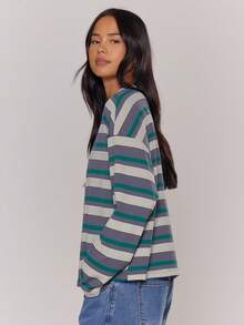 MUSERA 长袖条纹四分之一扣宽松T恤，秋季复古乡村风休闲居家上衣，女款，奶油糖色，假日春夏 - 彩色 - 查看 4