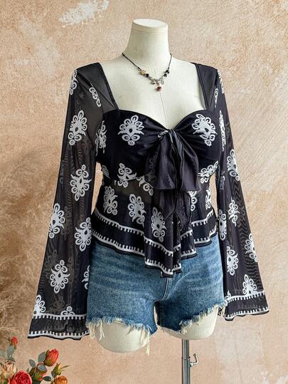 Soleia 大码女式休闲度假、毕业典礼、婚礼、复活节派对午餐宽松喇叭袖修身上衣，冬季