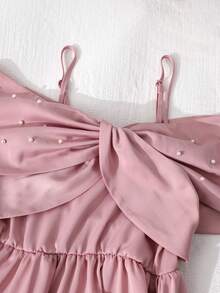 Sparklyn 女童优雅缎面超大蝴蝶结袖连衣裙，饰以仿珍珠蝴蝶结和围兜，A字裙摆，适合派对、庆典、圣诞舞会、婚礼宾客礼服、正式场合穿着。 - 粉色 - 查看 8