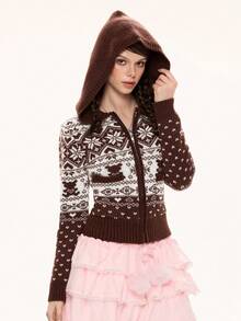 ROMWE Kawaii 女士休闲几何图案拉链连帽开衫，秋冬季 - 棕色 - 查看 4