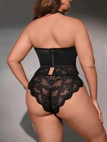 SpicyHot Plus Size Sexy Halter Lace Patchwork Satin Top + Panties + Nipple Covers 4-Piece Set - Black - View 2