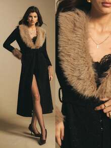 Poéselle Black Belted Faux-Fur Collar Maxi Coat – Longline Wrap Trench With Plush Cuffs & Subtle Sparkle,Longline Maxi Trench,Holiday Party Outerwear,Glamorous Winter Coat,Faux Fur Trim Jacket,Black Evening Coat,Statement Collar Coat,Women's Fashionable Fuzzy Patchwork Jacket, Autumn/Winter,Winter Clothes For Women - Black - View 3