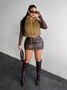 SHEIN SXY Retro Y2K Kunstfell Kapuzenweste, modisch für Herbst/Winter, Braun, Thanksgiving, Winter - Kaffeebraun - Übersicht 3