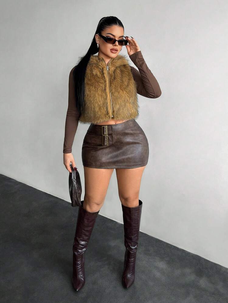 SHEIN SXY Áo khoác trùm đầu lông nhân tạo Y2K cổ điển, thời trang cho mùa thu/đông, màu nâu, lễ tạ ơn, mùa đông - Cà phê nâu - Xem 3