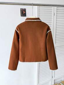 Teen Girl CasualAll-Matchc Versatile Black & White Contrast Trim Collar Large Pocket Jacket, Autumn/Winter - Brown - View 2