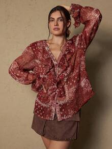 Freevana Áo cánh tay bèo họa tiết chắp vá Schiffy thường ngày dành cho nữ cỡ lớn, mặc đi nghỉ, mùa xuân/hè/thu - Màu Đỏ Sâu - Xem 3