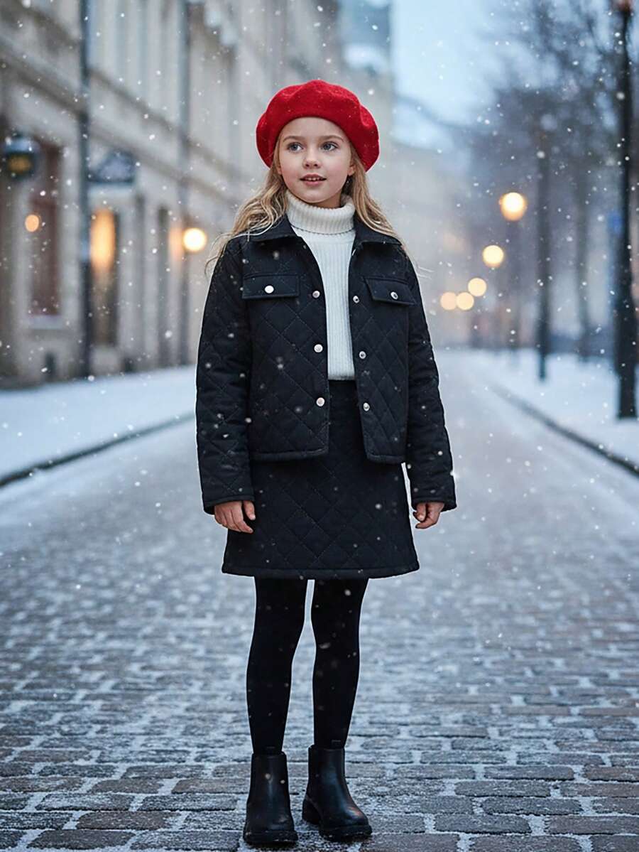 2pcs Girls' Black Solid Quilted Long Sleeve Cardigan And Skirt Set