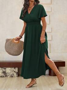 Roveilla Váy Maxi xẻ eo xếp ly cổ yếm màu trơn cỡ lớn, trang phục Giáng sinh cho nữ - màu xanh lá - Xem 3