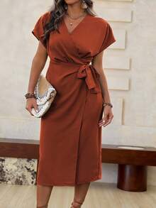 Roveilla 大码女式纯色简约日常短袖连衣裙长款女装