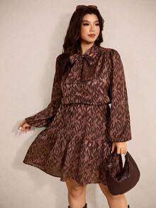 Elaquor Plus Size Elegant Romantic Urban Chic Bowknot Wrap Fitted Short Women Solid Color Dress/Valentine's Day Spring - Brown - View 7