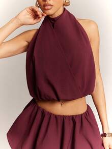 Hauture Women's 2 Pieces Set With High Neck Ruched Top And Simple Low Waist Balloon Mini Skirt - Red Violet - View 6