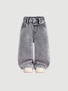 Baby Girl Cute Loose Fit Light Gray Denim Pants,Fall Clothes,Winter Clothing ,Casual And Fashionable Vacation Outfits,2000s Style  ,Christmas Clothing,Gray  Denim  Pants  ,Street Wear - Light Grey - View 7