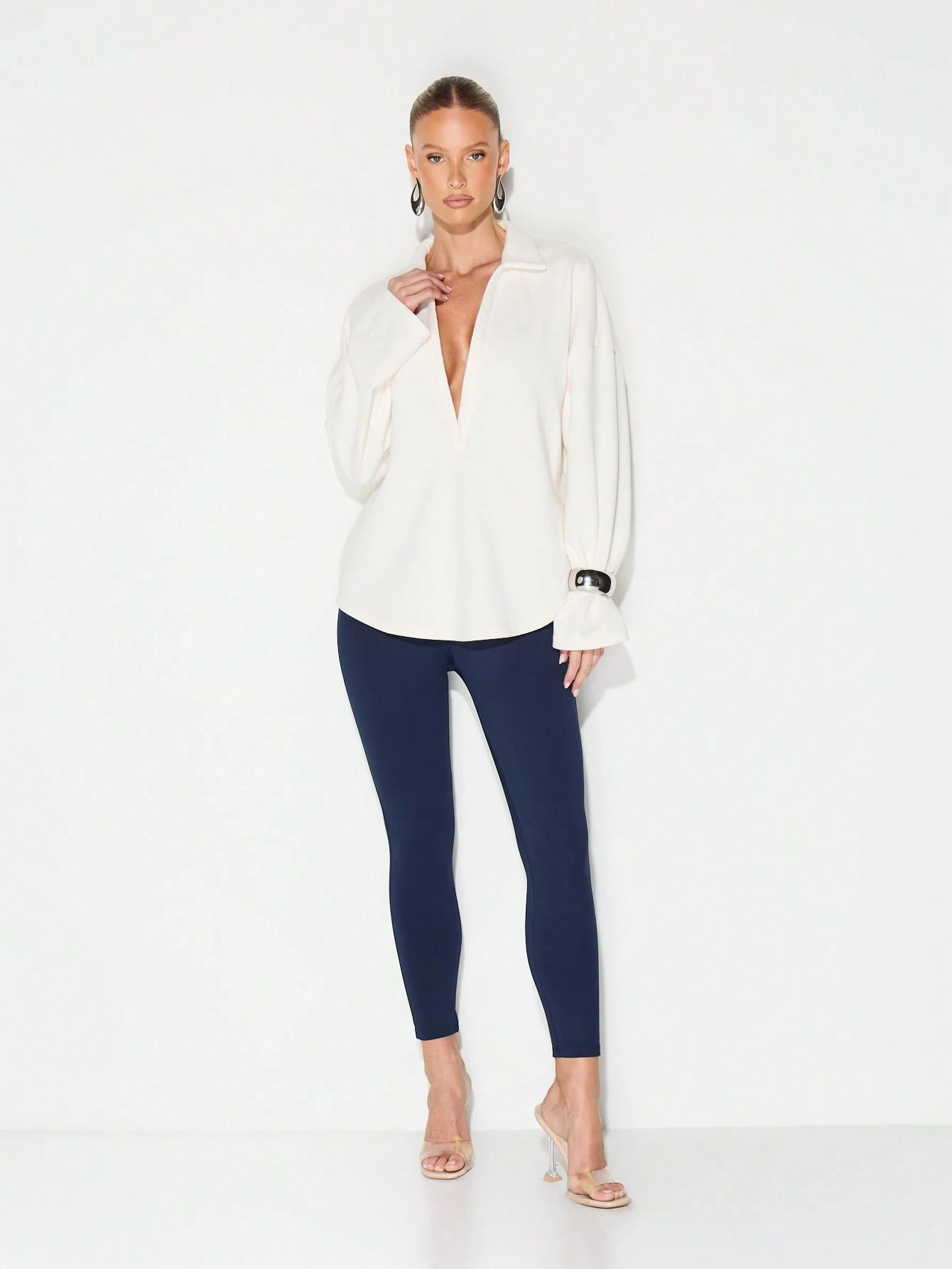 KIZN Plunge Neckline Oversized Button Blouse