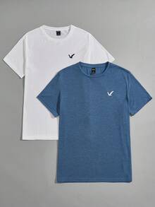 Manfinity BRENVOR Men 2pcs Bird Embroidery Short Sleeve Tee, Boyfriend Gift, For Work, Summer, Couple Things - Multicolor - View 6