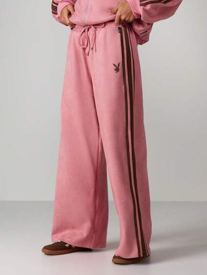 Missguided x Playboy Wide Leg Suede Joggers With Bunny Logo And Side Stripes For Loungewear Comfort