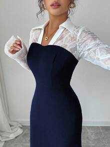 Elenzga Váy đuôi cá phối lưới hoa thêu hoa thanh lịch, lãng mạn, eo ôm vừa vặn dành cho nữ - Màu xanh hải quân - Xem 1