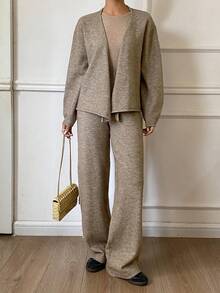 DAZY 女士休闲纯色V领开衫套装（含腰带和裤子）两件套，秋季款 - 卡其色 - 查看 4