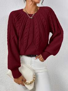 SHEIN LUNE Women's Casual Solid Color Round Neck Raglan Sleeve Loose Knit Sweater, Autumn/Winter - Burgundy - View 6