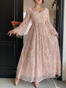 DAZY 女士优雅亮片灯笼袖连衣裙，秋季婚礼宾客礼服吊带裙 - 杏色 - 查看 6