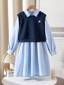 少女休闲装扮，秋季新款时尚，韩式学院风背心和条纹衬衫 - 彩色 - 查看 3