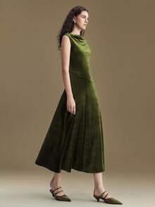 Ontre Women's Olive Green Velvet Fabric Comfortable Soft Off Shoulder Ruched Ruched Design Waist Slanted Split Flared Hem Patchwork All-Season Versatile Modern Urban Casual Business Office Dress, Low-Key Elegant High-Quality Airport Outfit, High-End Cruise Wear, Christmas New Year Party Dress New Year Look High-End, Elegant, Old-Fashioned Cruise Attire For Wedding Guests Christmas Evening Clothes New Year Atmosphere Holiday Party Women's Clothing Waist Detail Flared Dress