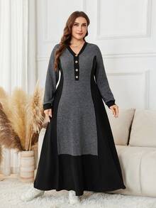 Lacomfia Plus Size Color Block Long Sleeve Knit Casual Comfortable Long Ribbed Sweater Dress Fall - Dark Grey - View 3