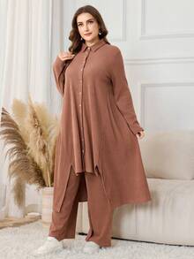 Lacomfia 2 Stücke/Set minimalistisches einfarbiges geripptes Maxi-Hemd mit Langarm und Hose mit elastischem Bund und weitem Bein, Große Größen, Frühling/Herbst