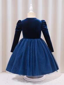 Glamorique Kids Young Girl' Red Puff Sleeve Pearl Decor Fashion Dress, Mesh Design Suitable For Christmas And Various Occasions - Royal Blue - View 2