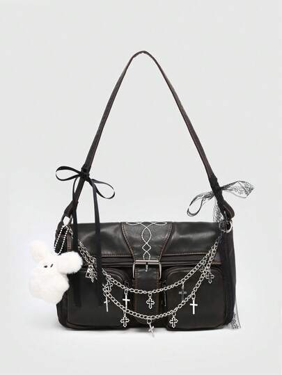 Kawaii Bolso de hombro de gran capacidad con múltiples bolsillos, con decoración de cruz y corazón vintage desgastado en degradado de camuflaje, y lazo en la correa, para mujer