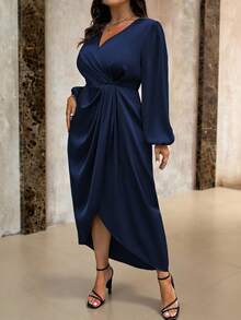 Roveilla Plus Size Solid V Neck Wrap Twist Long Sleeve Dress Maxi Women Outfit