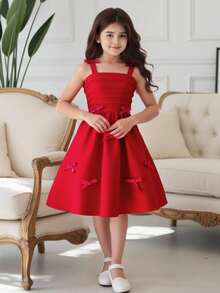 Sweetra 青少年女孩时尚优雅纯色 3D 丝带蝴蝶结肩部褶饰吊带长裙，适合派对和活动，春夏新品 - 紅色 - 查看 10