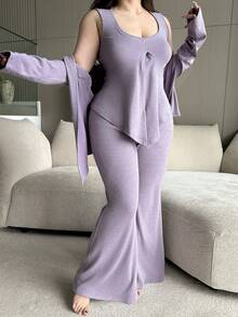 Dazy Plus 三件套优雅紫色大码女式休闲套装 - 紧身吊带背心、宽松开衫、裤子 - 紫色 - 查看 1