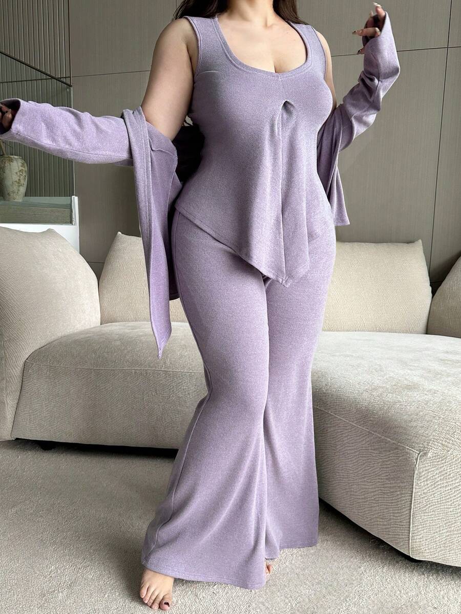 Dazy Plus 三件套优雅紫色大码女式休闲套装 - 紧身吊带背心、宽松开衫、裤子 - 紫色 - 查看 1