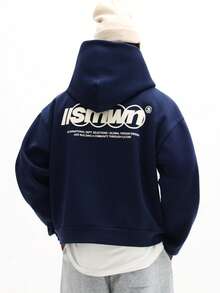 SUMWON 男士拉链连帽衫，背面印花图案设计，休闲宽松版型，街头服饰 - 藍色 - 查看 1