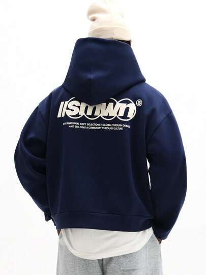 SUMWON 男士拉链连帽衫，背面印花图案设计，休闲宽松版型，街头服饰