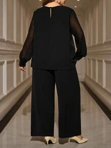 EMERY ROSE 大码女士优雅黑色亮片拼接上衣和裤子两件套，带口袋，秋冬款 - 黑色 - 查看 5