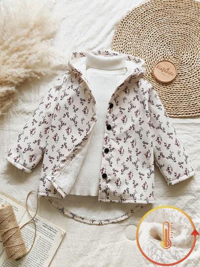 SHEIN Vintaside Kids 年轻女孩的碎花保暖内衬连帽纽扣夹克，时尚休闲，适合日常穿着